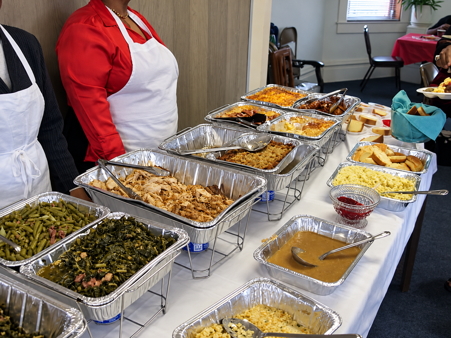 A buffet of prepared meals for church food ministry and outreach